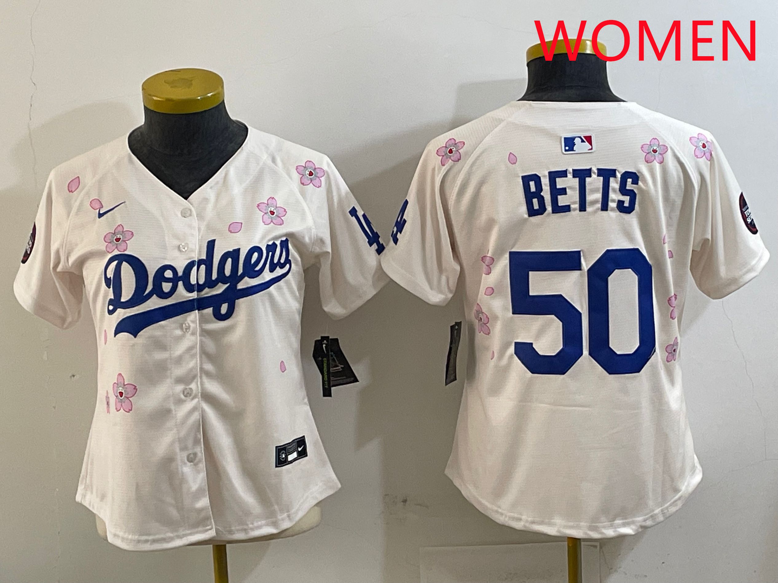 Women Los Angeles Dodgers #50 Betts Cream Sakura Edition 2025 Nike MLB Jersey style 1->women mlb jersey->Women Jersey